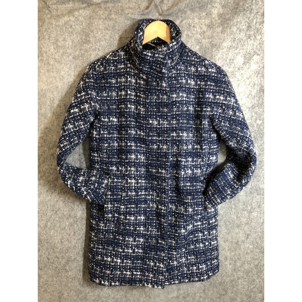 J Crew Jacket Womens 0 Blue White Wool Blend Mock Neck Tweed Bouclé Coat Lined